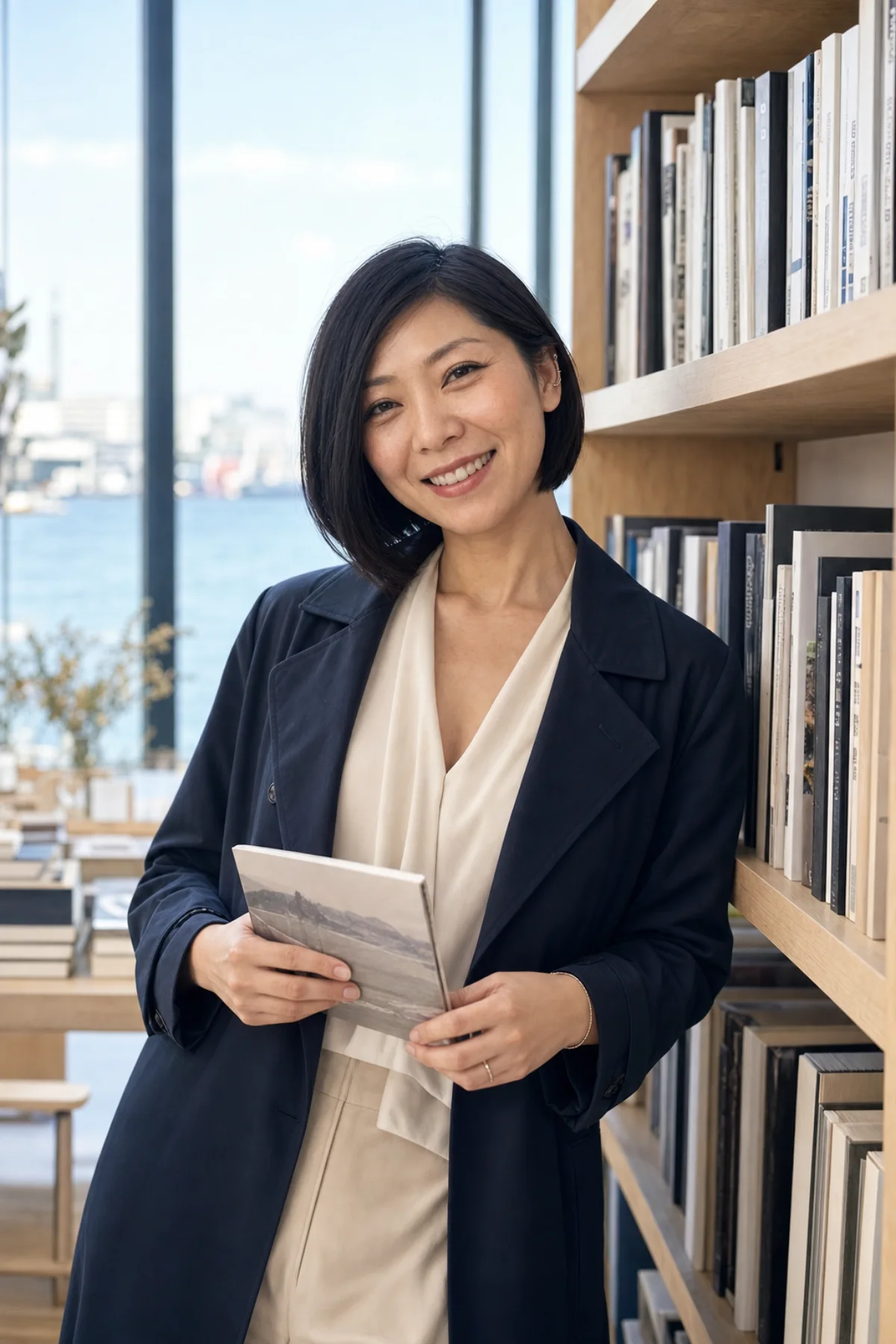 Aiko holding an art book in a Yokohama waterfront bookshop