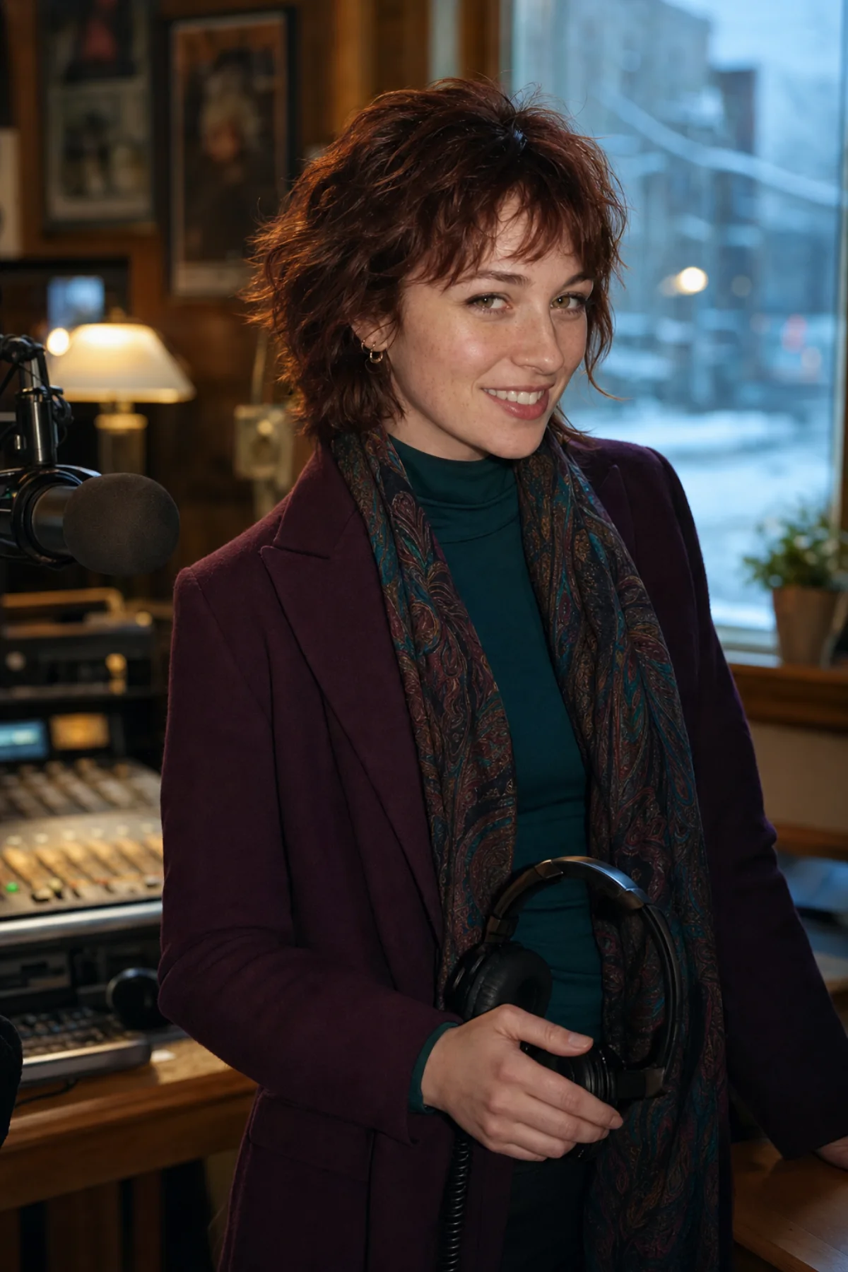 Amélie holding headphones in a Montréal community-radio studio