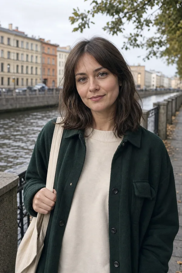 Anya walking beside a Saint Petersburg canal