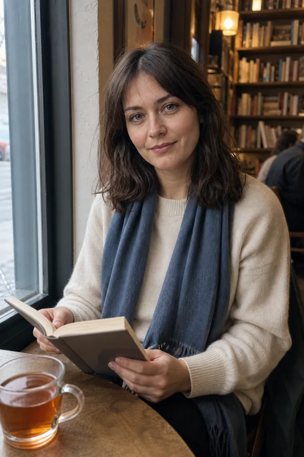 Anya reading beside a bookshop café window
