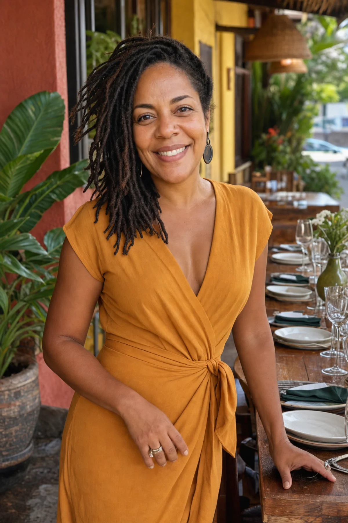 Beatriz standing beside a table on a shaded Salvador restaurant veranda
