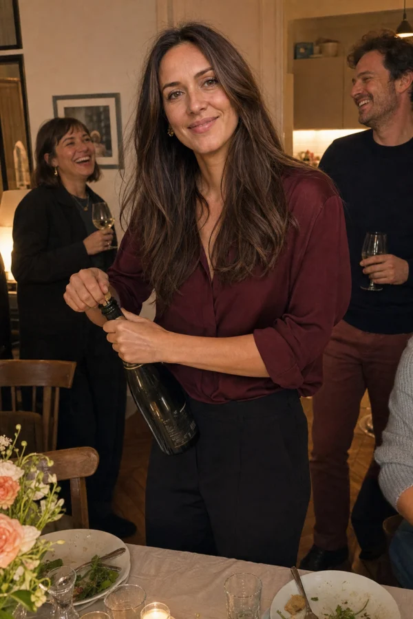 Camille opening a bottle at a dinner party
