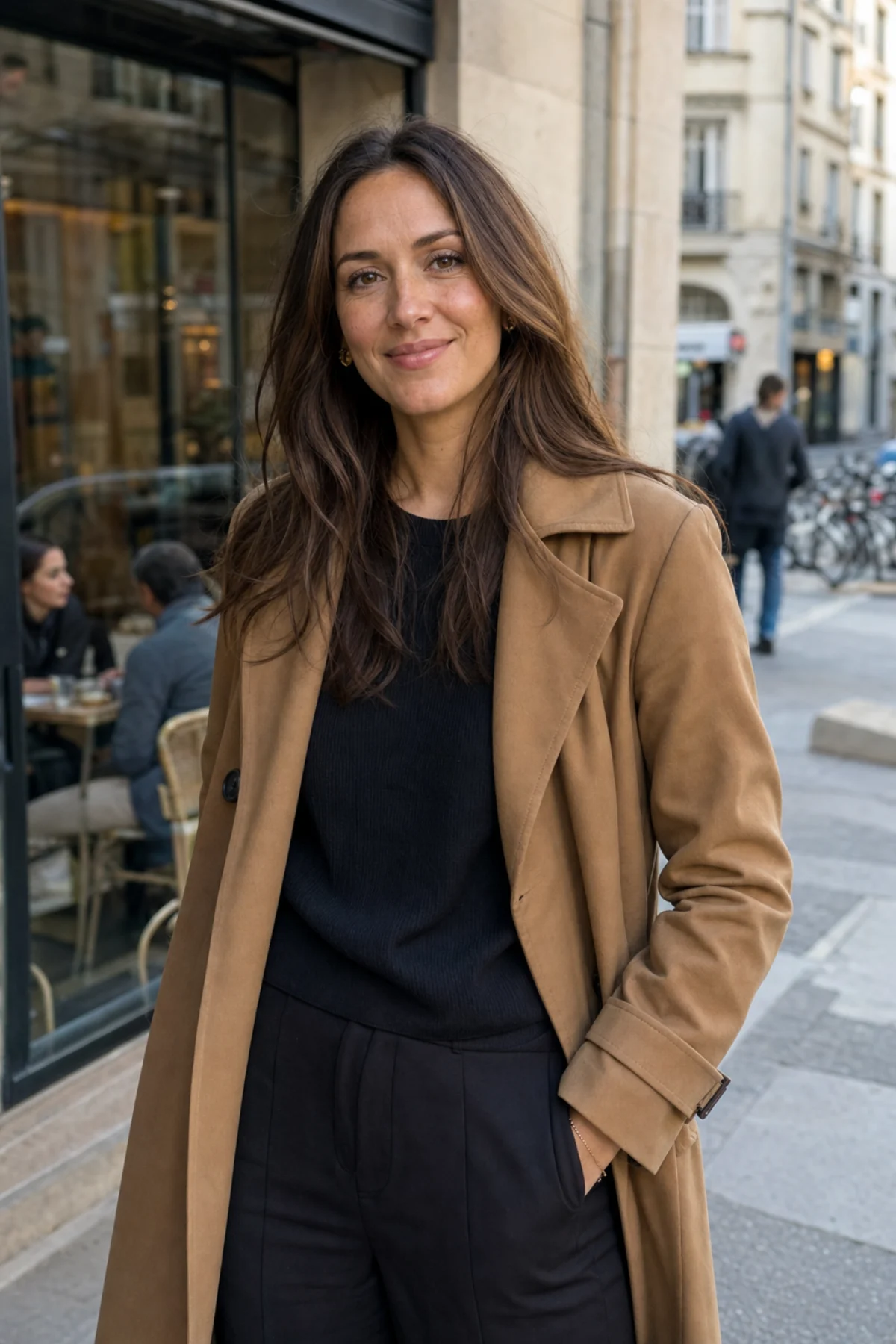 Camille outside an independent café on a Lyon street
