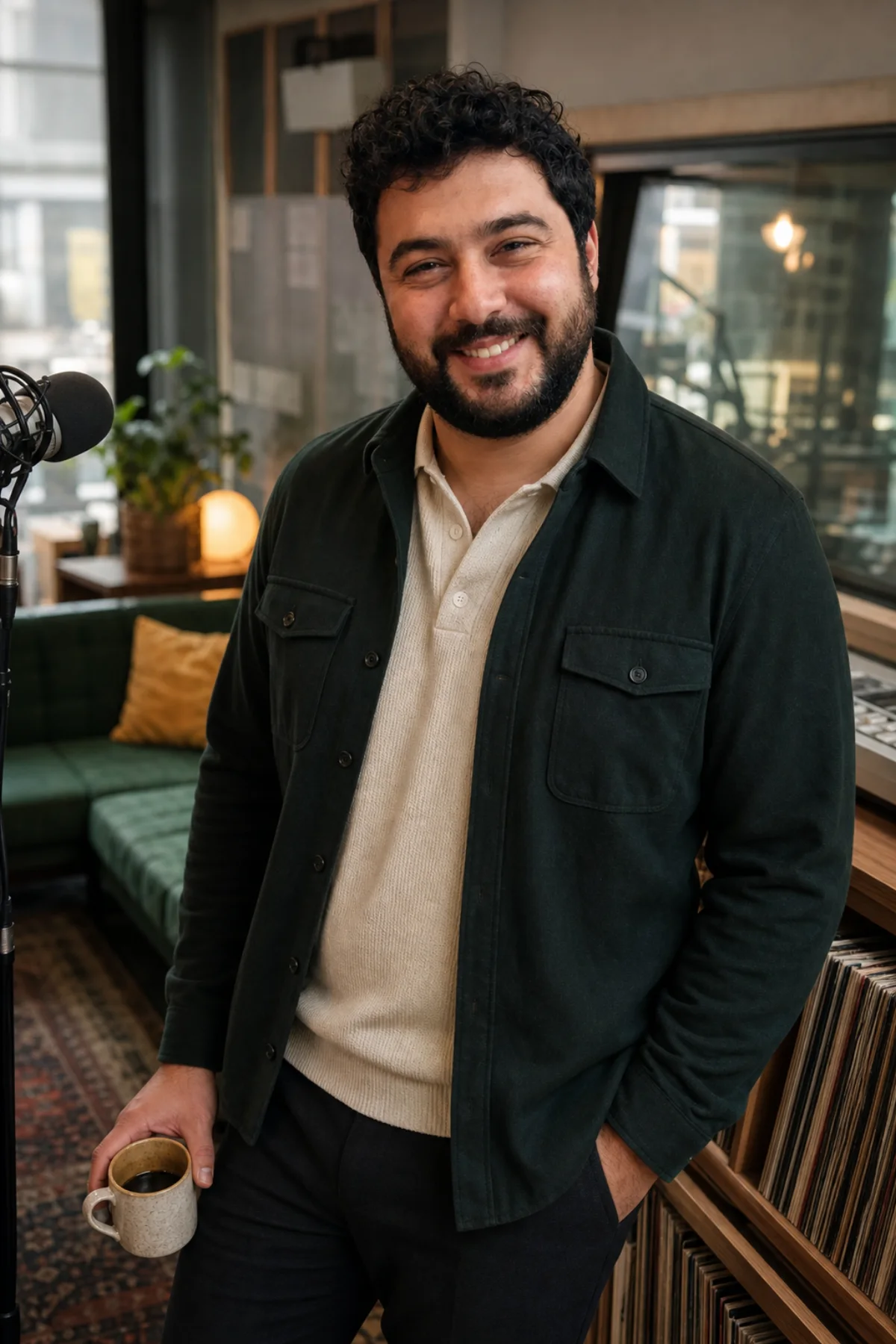 Cem standing in a Cologne public-radio studio lounge