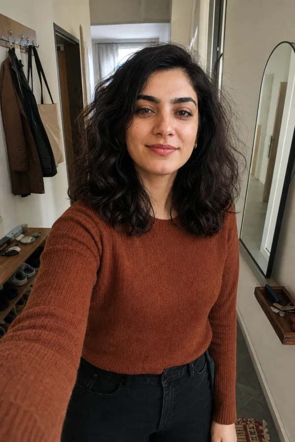 Darya taking a casual apartment selfie