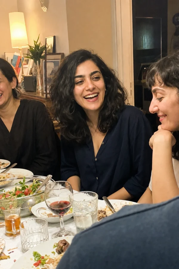 Darya laughing over dinner with friends
