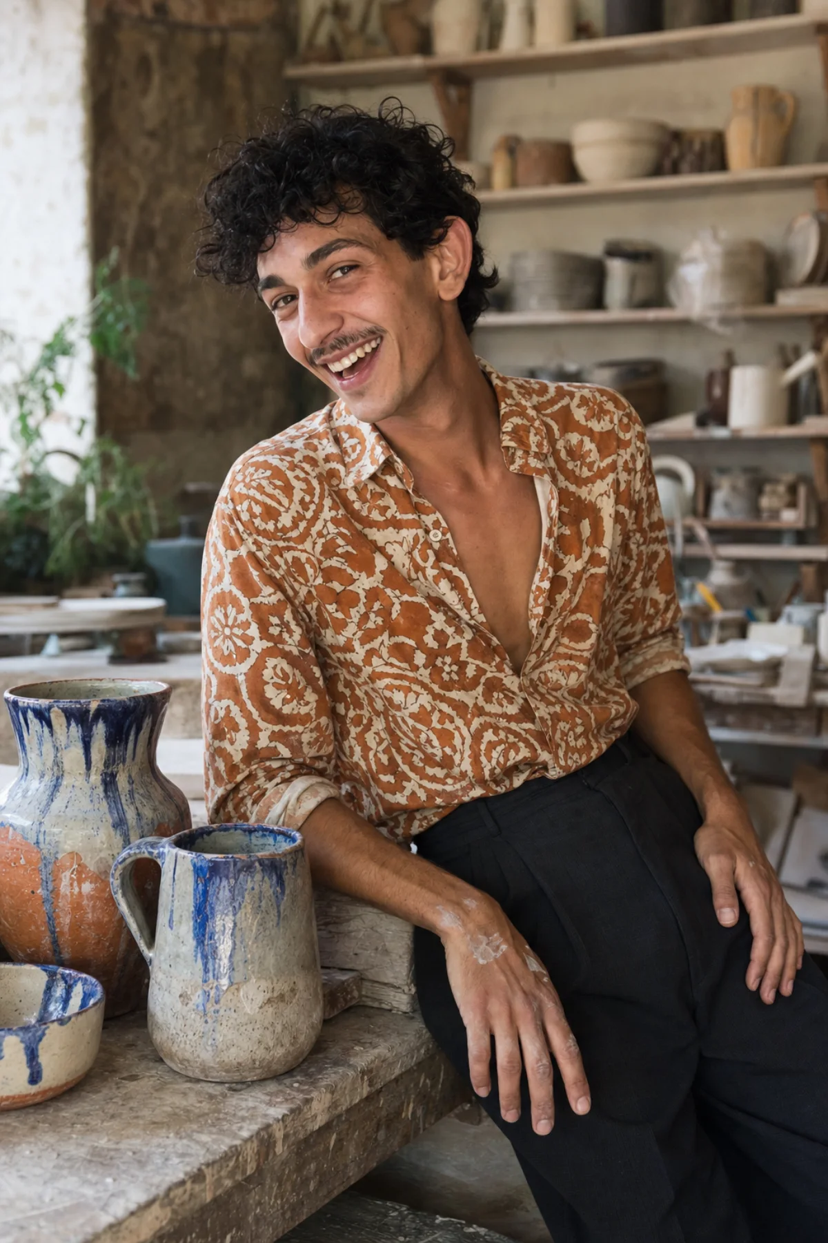 Elio beside glazed vessels in a bright Naples ceramics studio