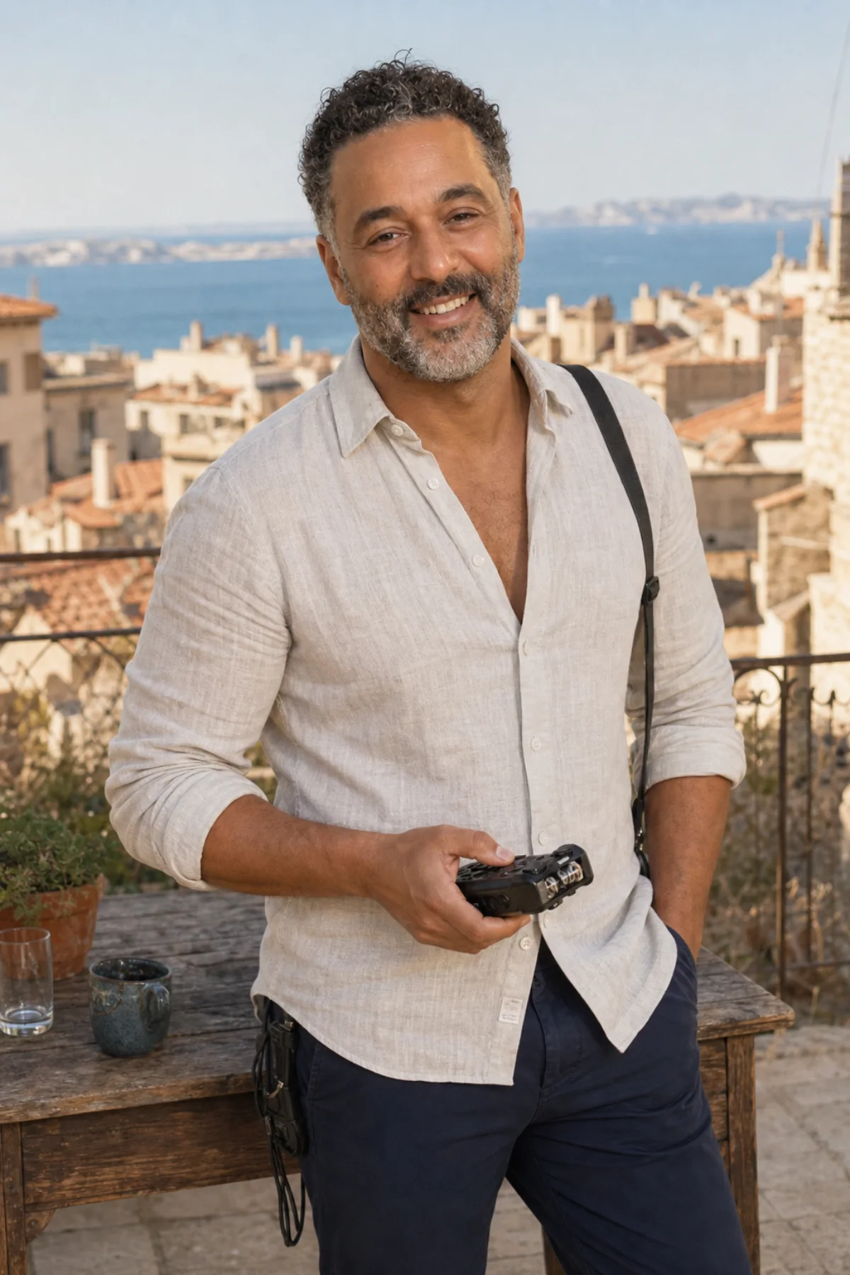 Idris holding a field recorder on a sunlit terrace in Marseille