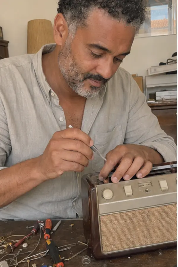 Idris repairing an old radio