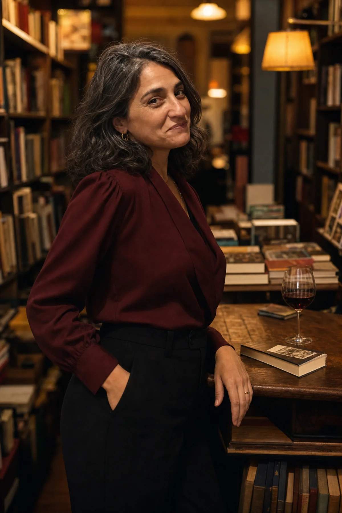 Inés standing in her Villa Crespo bookstore before the wine bar opens