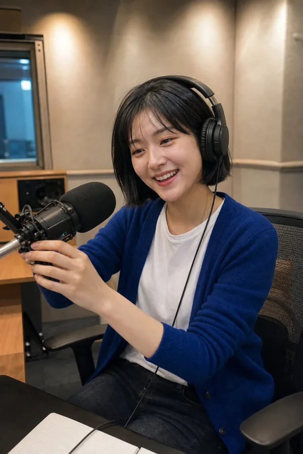 Ji-won adjusting a microphone in a community-radio studio