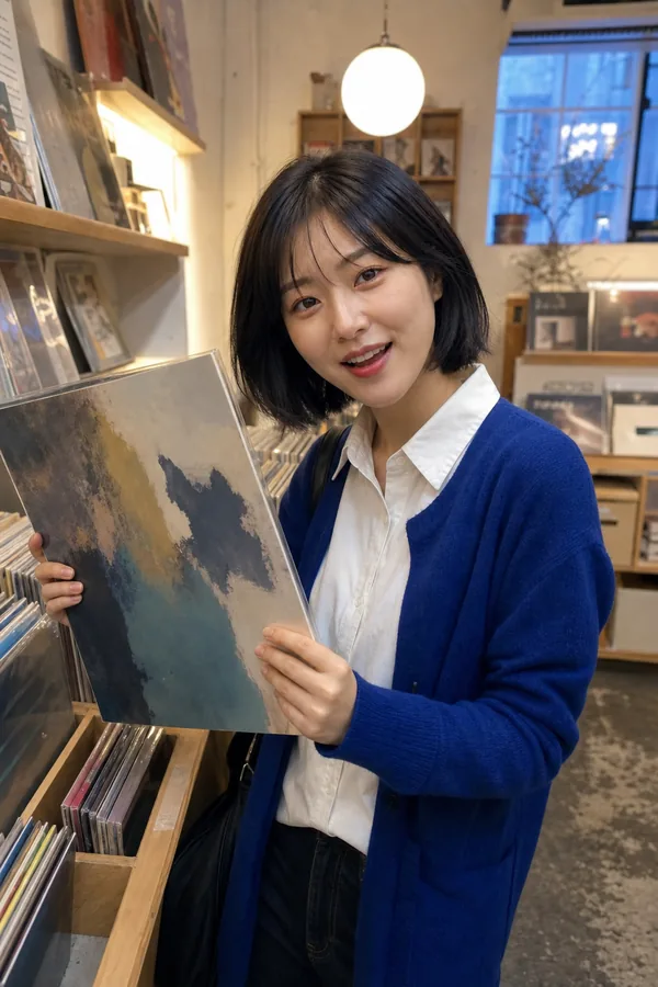 Ji-won showing an abstract record sleeve in a music shop
