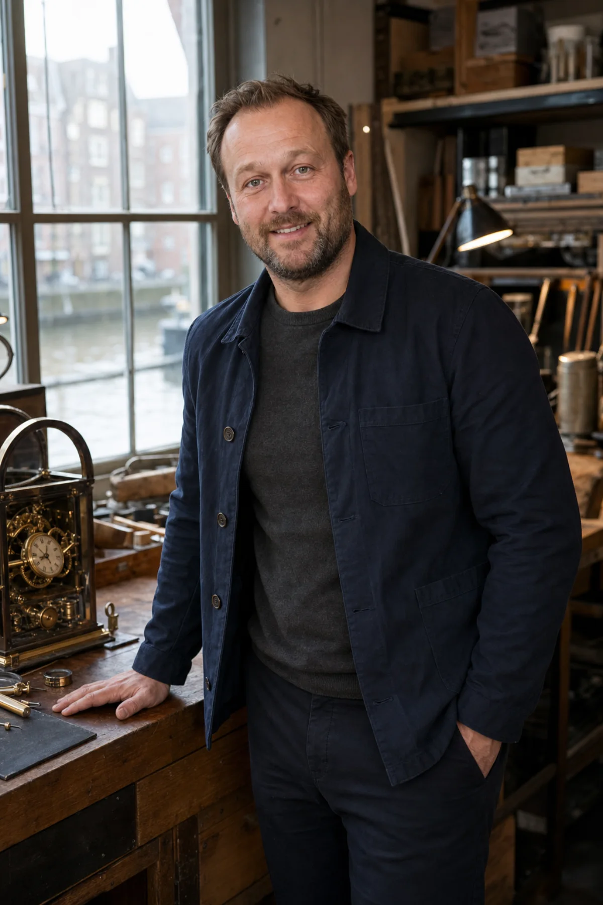 Jonas beside a vintage clock in a canal-side Hamburg workshop