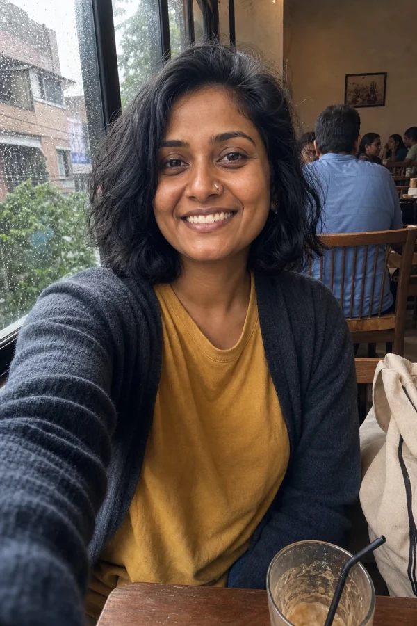 Kavya taking a rainy-day café selfie