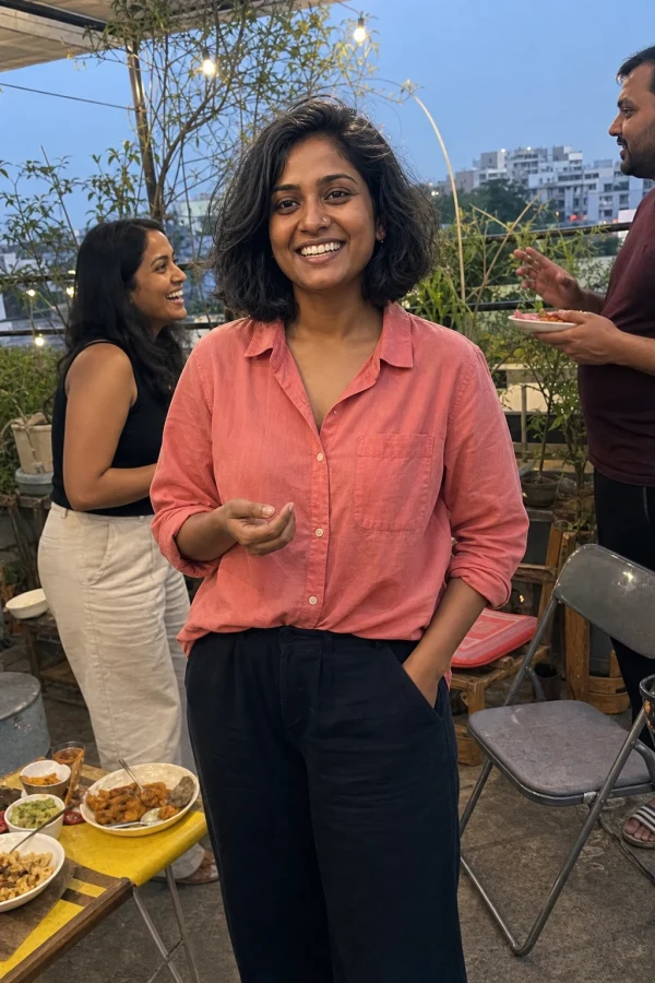 Kavya laughing with friends on an apartment terrace