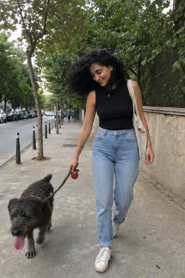 Layla walking a street dog