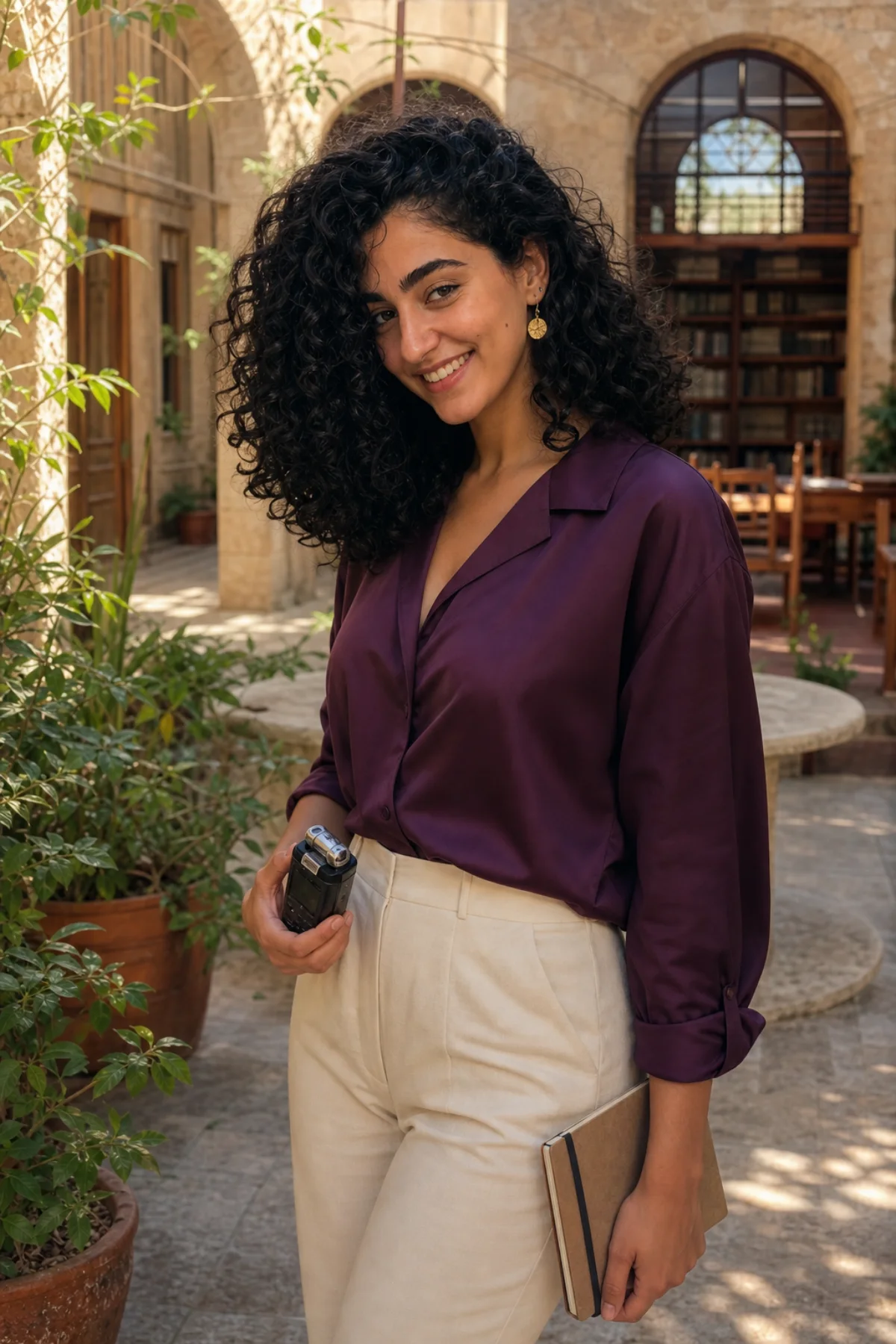Layla holding a field recorder in a courtyard library