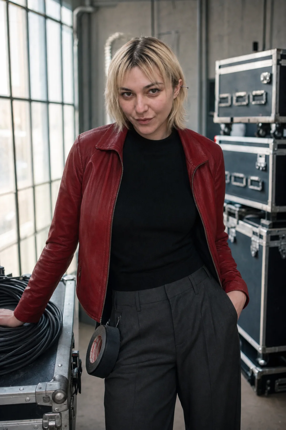 Lena standing beside event gear during a Berlin venue load-in
