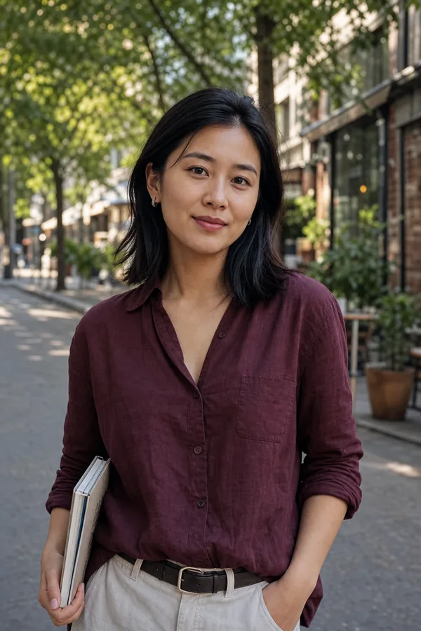 Lin walking along a tree-lined Shanghai lane with a sketchbook