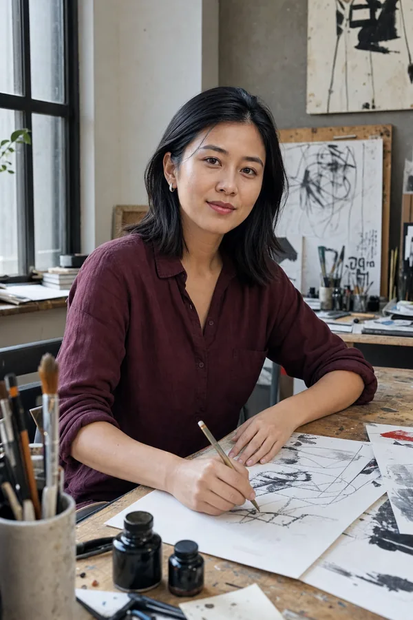 Lin drawing at a shared illustration studio