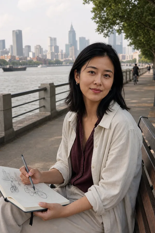 Lin urban sketching beside the Huangpu river