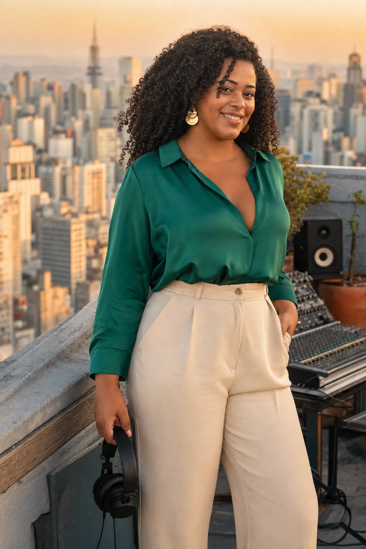 Marina holding headphones on a São Paulo recording-studio rooftop
