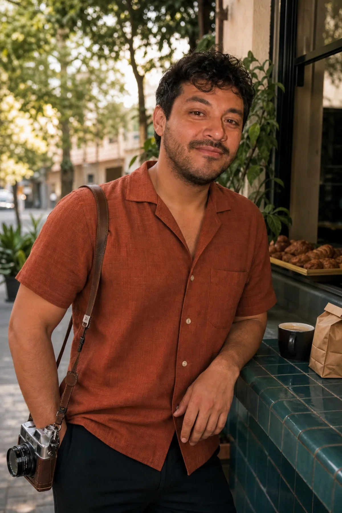 Mateo standing at a leafy Roma Sur bakery patio with a film camera