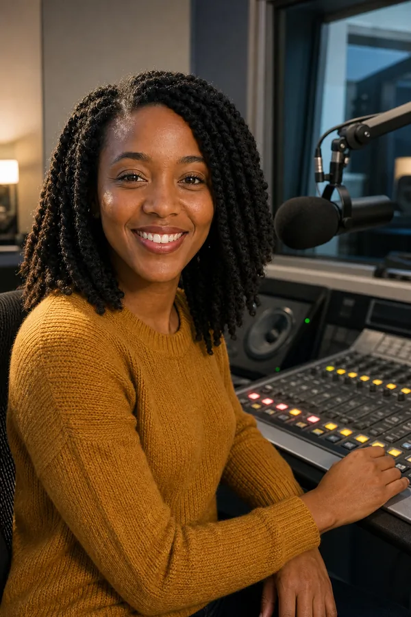 Maya at the mixing desk in a public-radio control room