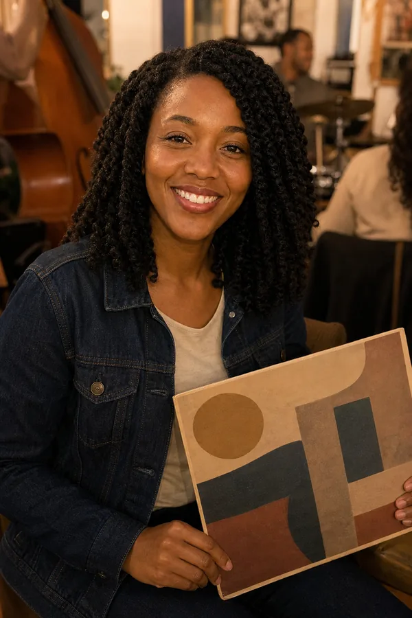 Maya holding a record at a neighborhood jazz listening night