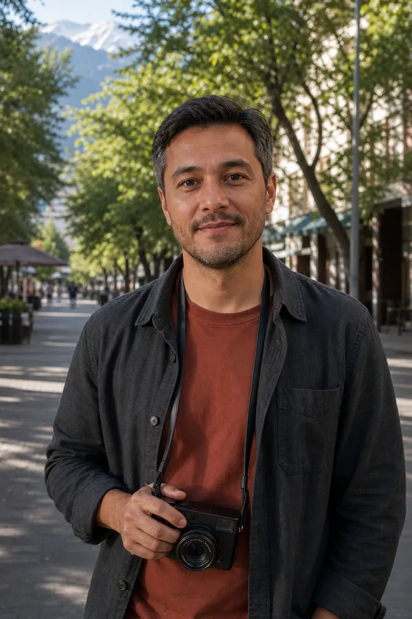 Mikhail carrying his camera on a leafy Almaty street