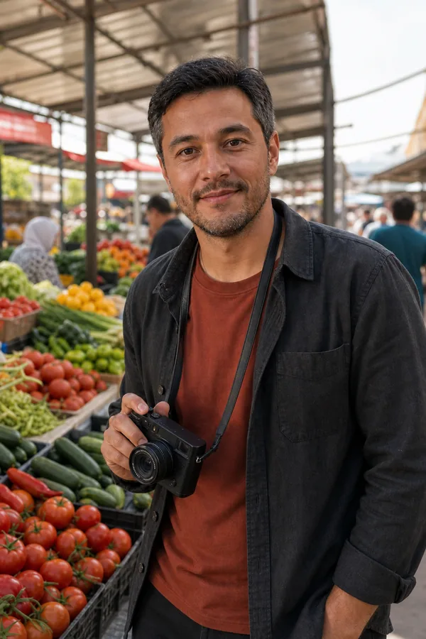 Mikhail photographing produce at an open-air market