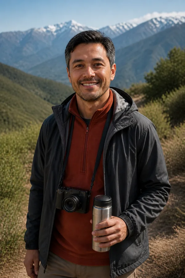 Mikhail pausing with a thermos on a foothill trail