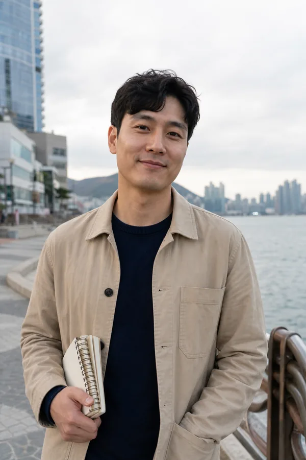 Min-jun holding a sketchbook on the Busan waterfront