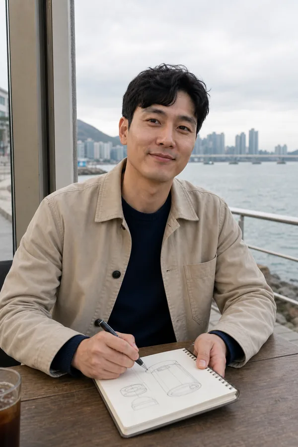 Min-jun sketching an object at a waterfront café