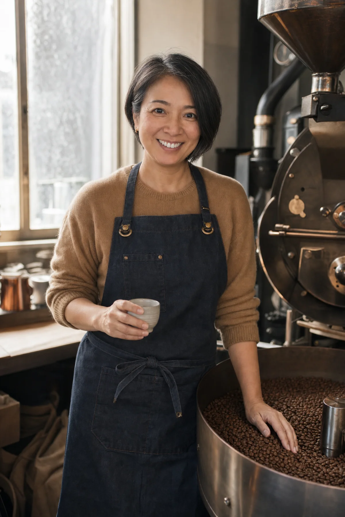 Naomi holding a tasting cup beside a coffee roaster in Sapporo