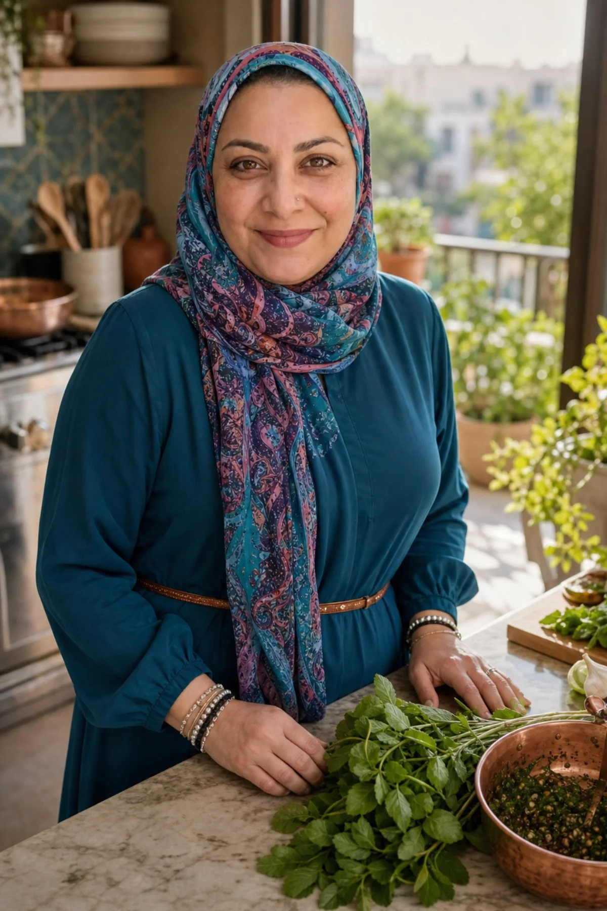 Noor standing with fresh mint in a bright Amman teaching kitchen
