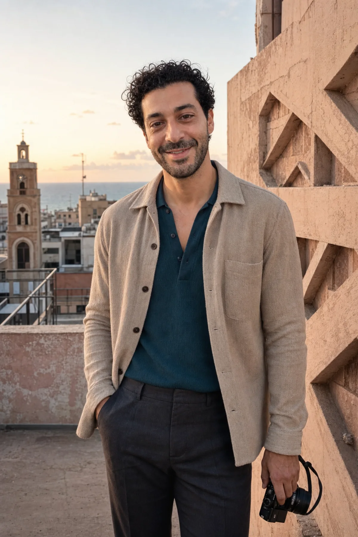 Omar holding a camera on a Mar Mikhael rooftop at sunrise