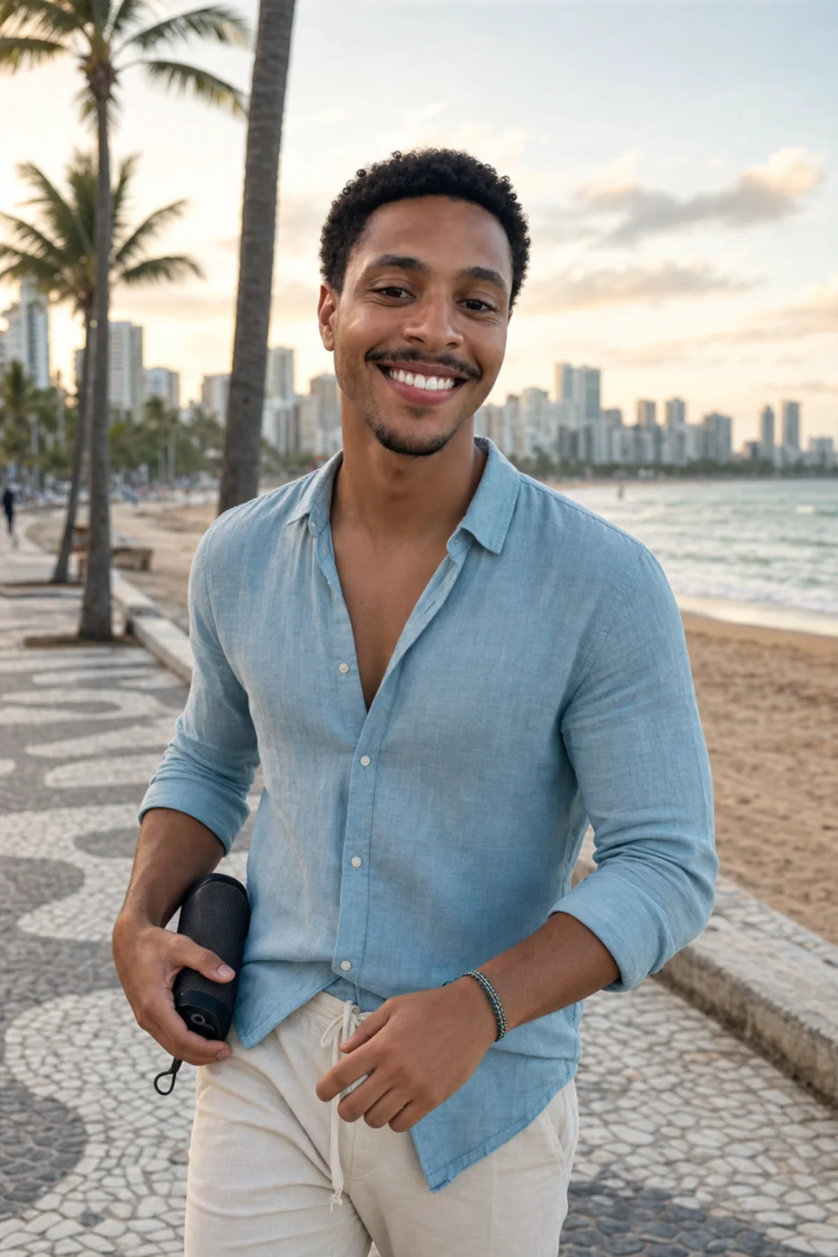 Rafael walking on the Recife waterfront with a compact speaker