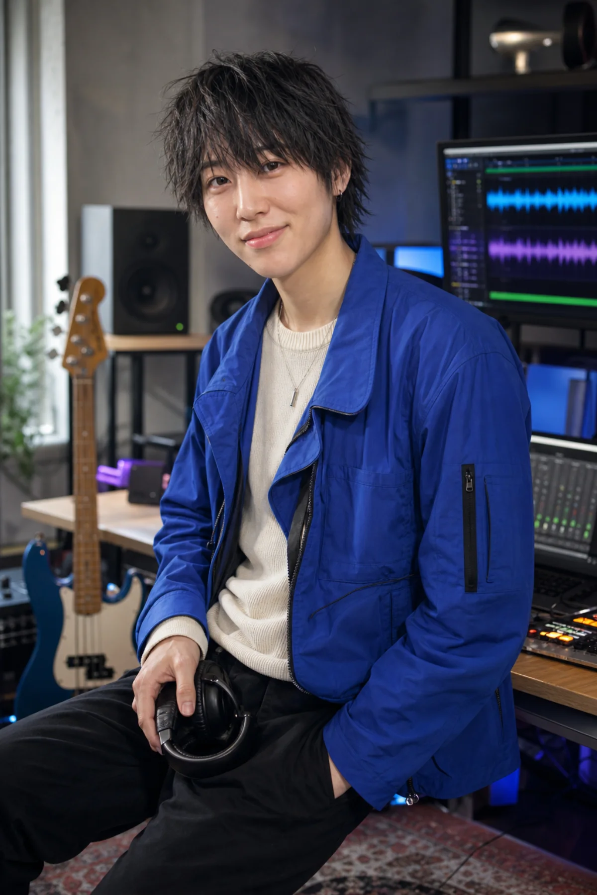 Ren holding headphones in an Osaka game-audio studio