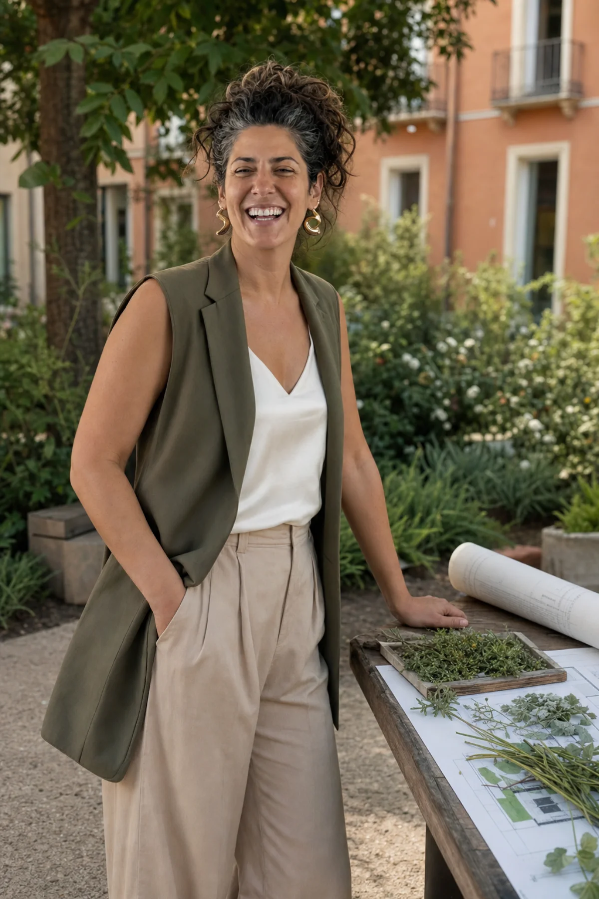 Sofia standing beside plans and plant samples in a Milan urban garden