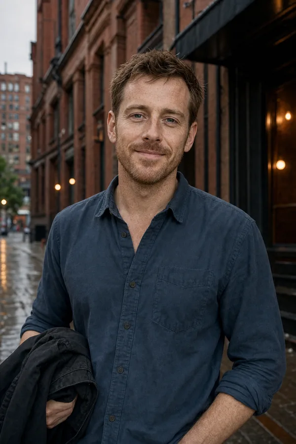 Theo outside a small Manchester theatre after rain