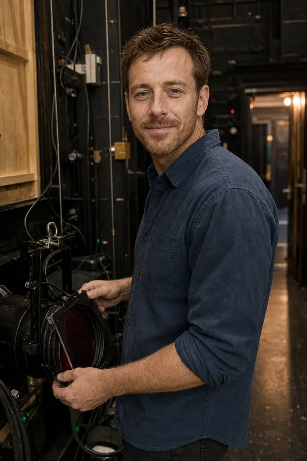 Theo checking a stage light backstage