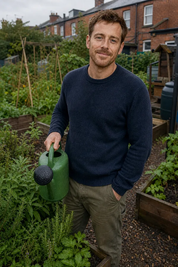 Theo watering herbs at a Manchester allotment