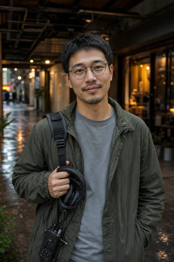 Wei carrying field-recording gear beneath a Taipei arcade