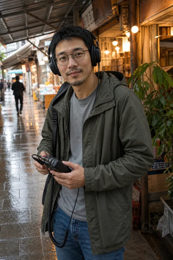 Wei recording a rainy neighborhood market