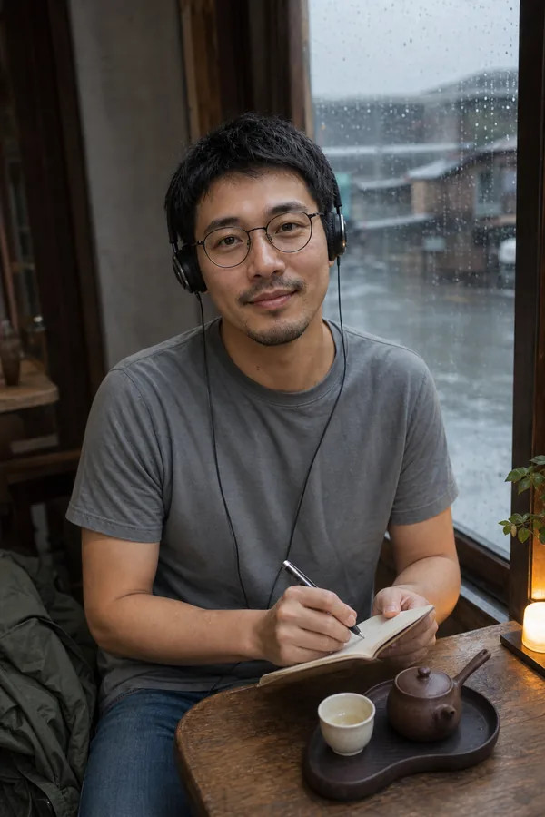 Wei listening and writing beside a rainy tea-shop window